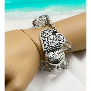 Silver Tone Chunky Charm Bracelet Beaded Heart Flowers Stretch